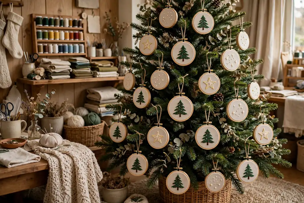 Mini embroidery hoop ornaments with stitched trees and stars hanging on a tree.
