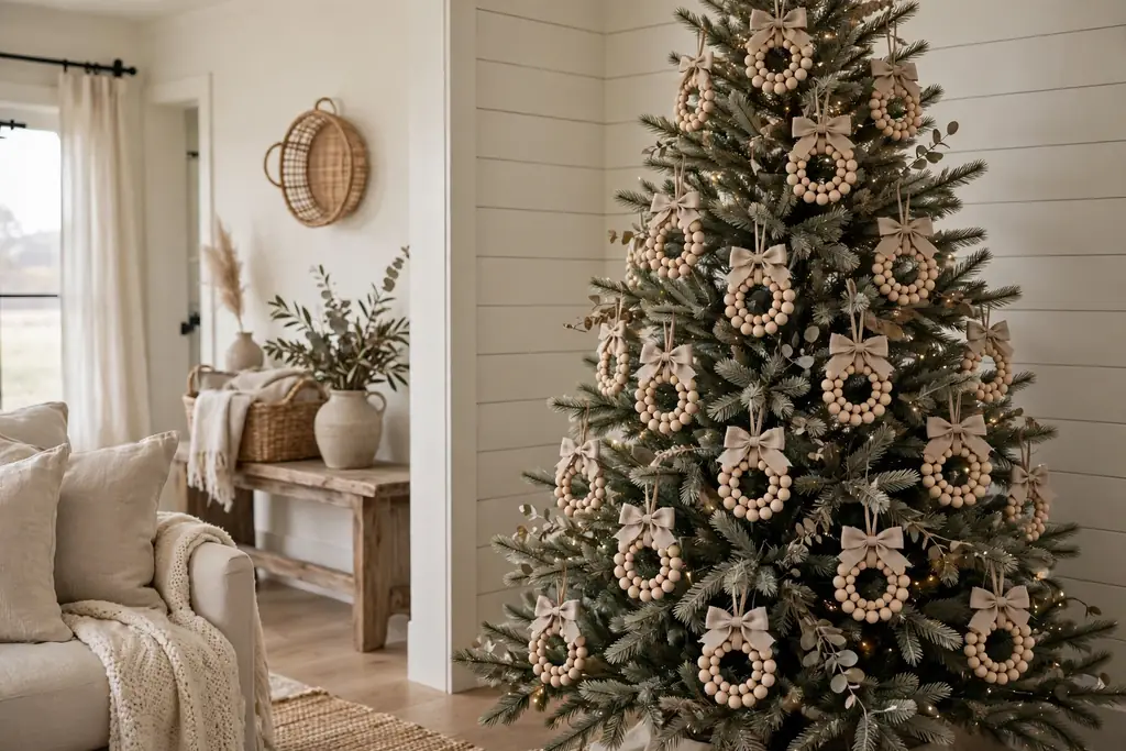 Wood bead wreath ornaments with small bows hanging on a neutral tree.