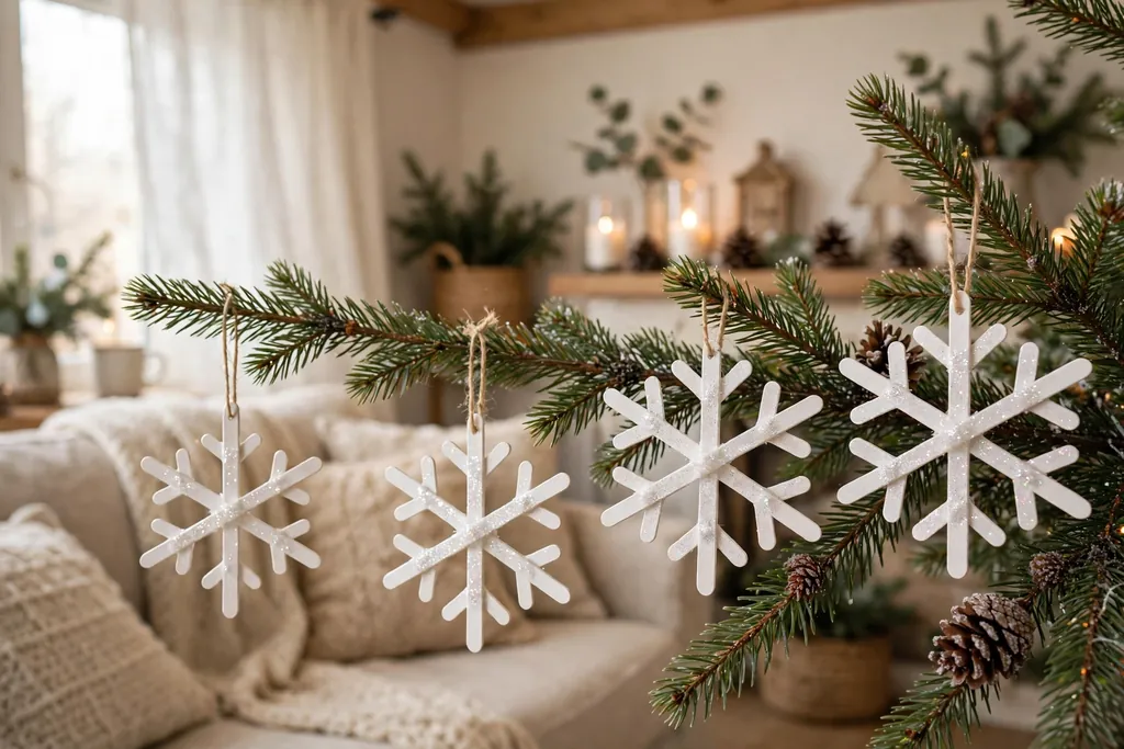 Craft stick snowflake ornaments painted white with glitter on a tree branch.