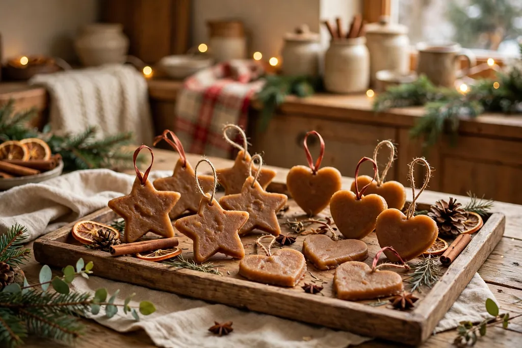 Cinnamon applesauce ornaments in star and heart shapes with ribbon loops drying on a tray.