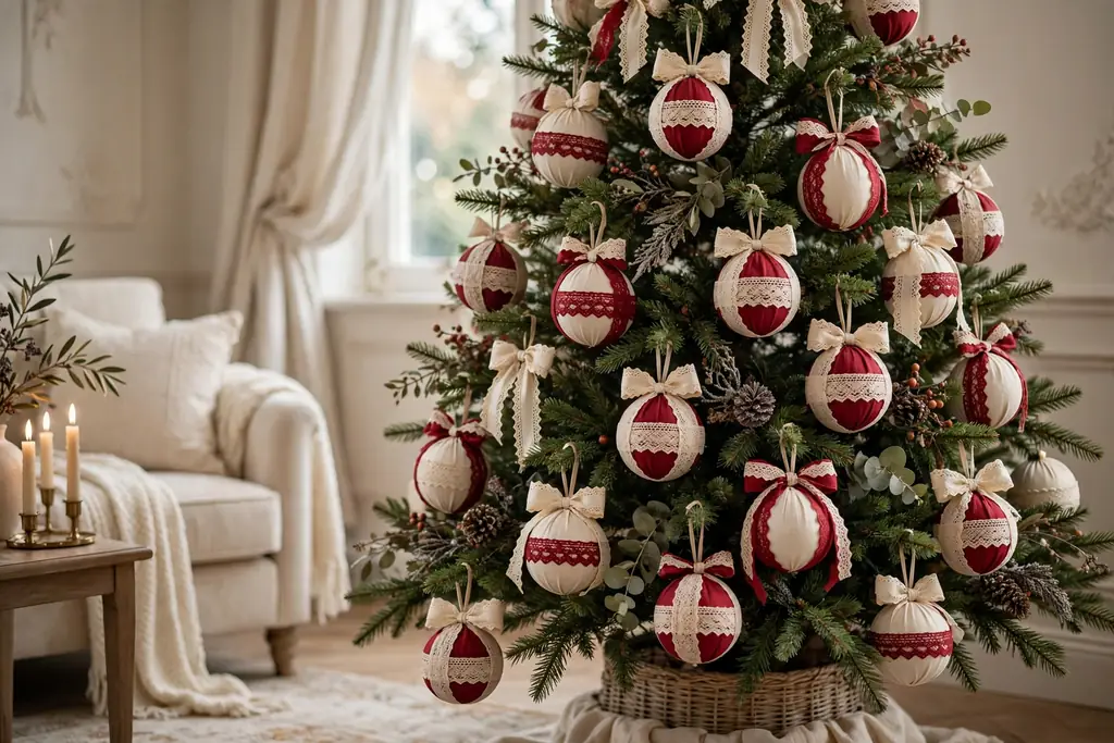 Ribbon wrapped baubles with lace trim in red and cream on a tree.