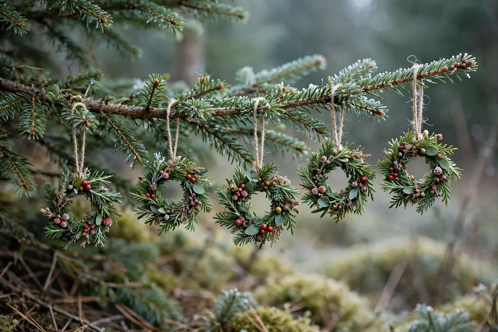 Mini greenery wreath ornaments with tiny berries hanging on a tree branch.