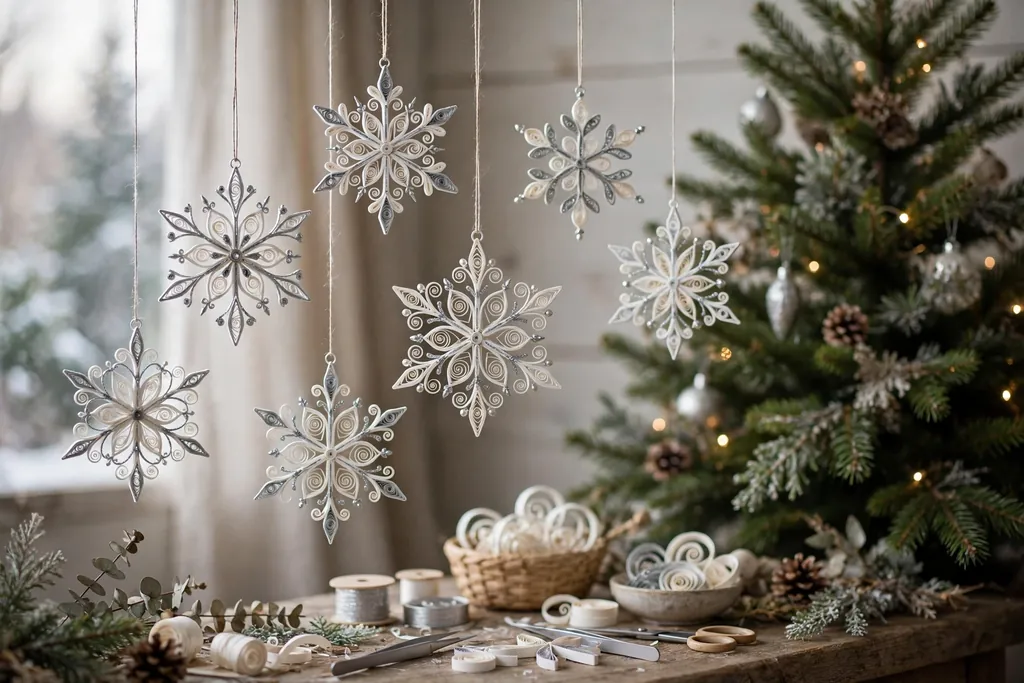 Paper quilled snowflake ornaments in white and silver hanging by thread.