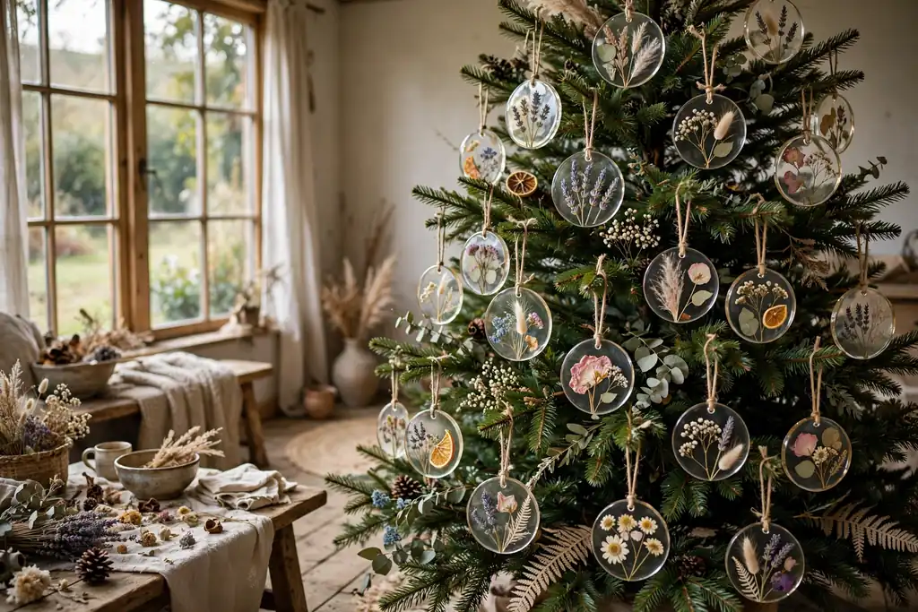 Pressed flower clear disc ornaments with dried flowers hanging on a tree.