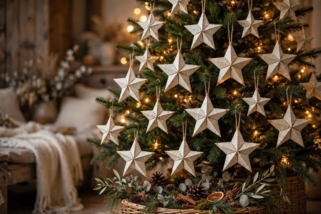 Book page star ornaments made from printed paper hanging on a cozy tree.