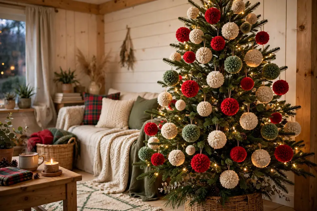 Wool pom pom ornaments in red, cream, and green hanging on a colorful tree.