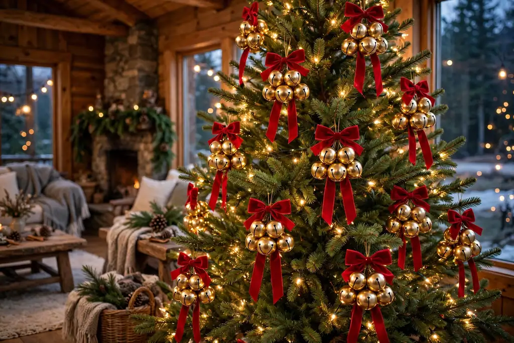 Jingle bell cluster ornaments in gold with red bows hanging on a classic tree.