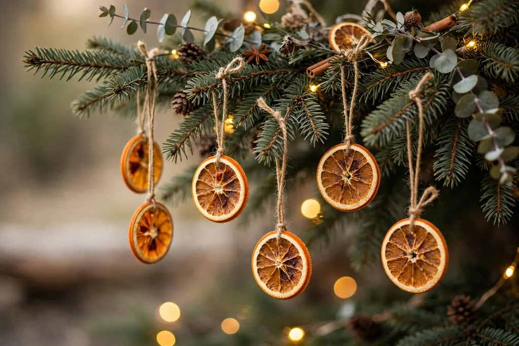 Dried orange slice ornaments hanging on a Christmas tree branch with twine.