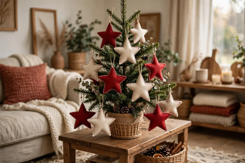 Red and cream felt star ornaments with stitching hanging on a small tree.