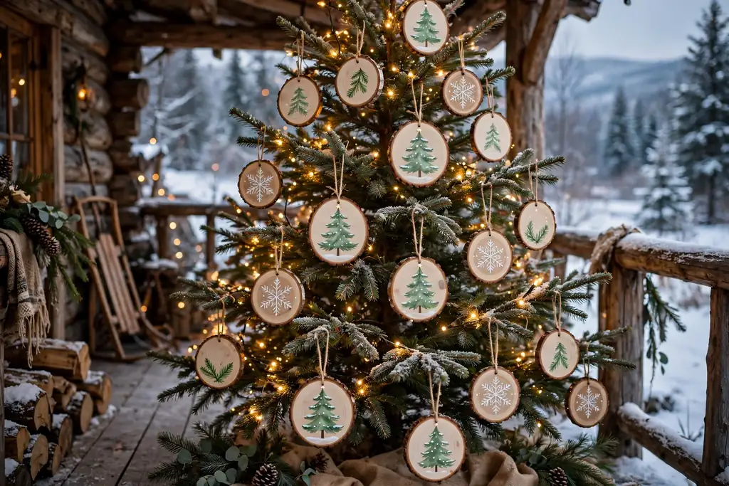 Painted wood slice ornaments with trees and snowflakes hanging on a rustic tree.