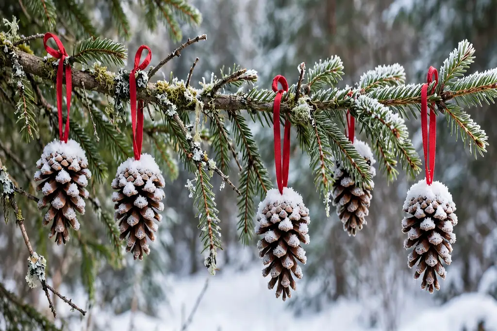 Pinecone ornaments with white snow tips and red ribbon loops on a tree branch.