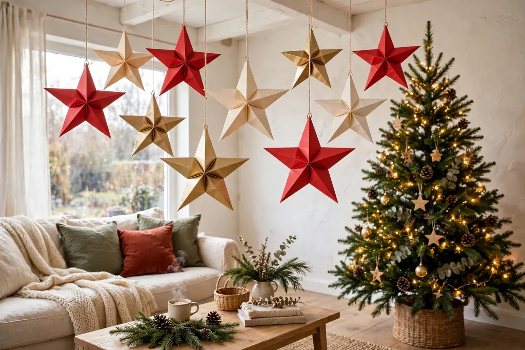 Folded paper star ornaments in red, cream, and gold hanging by thread.