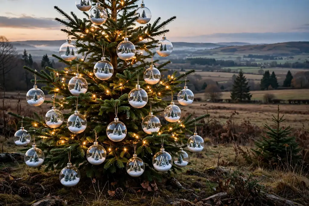 Clear fillable baubles filled with faux snow and tiny trees hanging on a tree.
