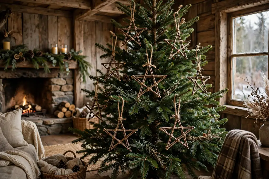 Twig star ornaments bound with twine hanging on a natural Christmas tree.