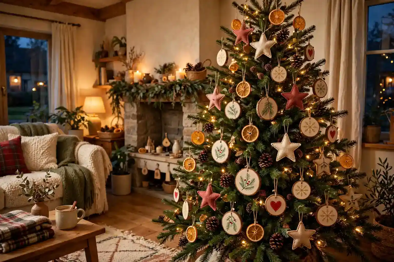 Christmas tree decorated with homemade ornaments in red, green, cream, and gold, including felt stars, wood slices, dried orange slices, and pinecones.