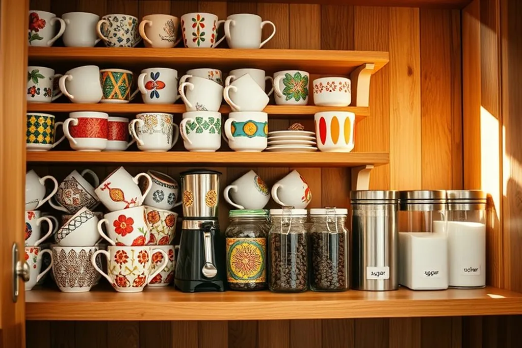 Open wooden cabinet filled with mugs, jars, and canisters on its shelves.