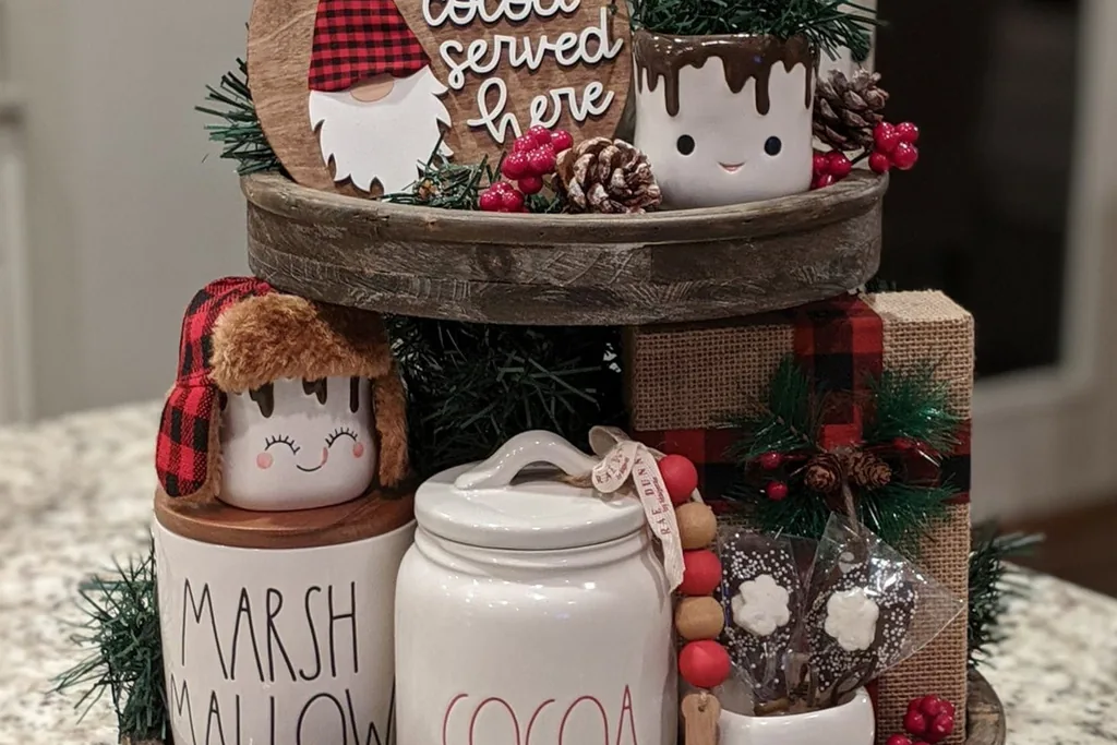 Tiered tray on a kitchen counter with cocoa canisters, mugs, and Christmas accents.