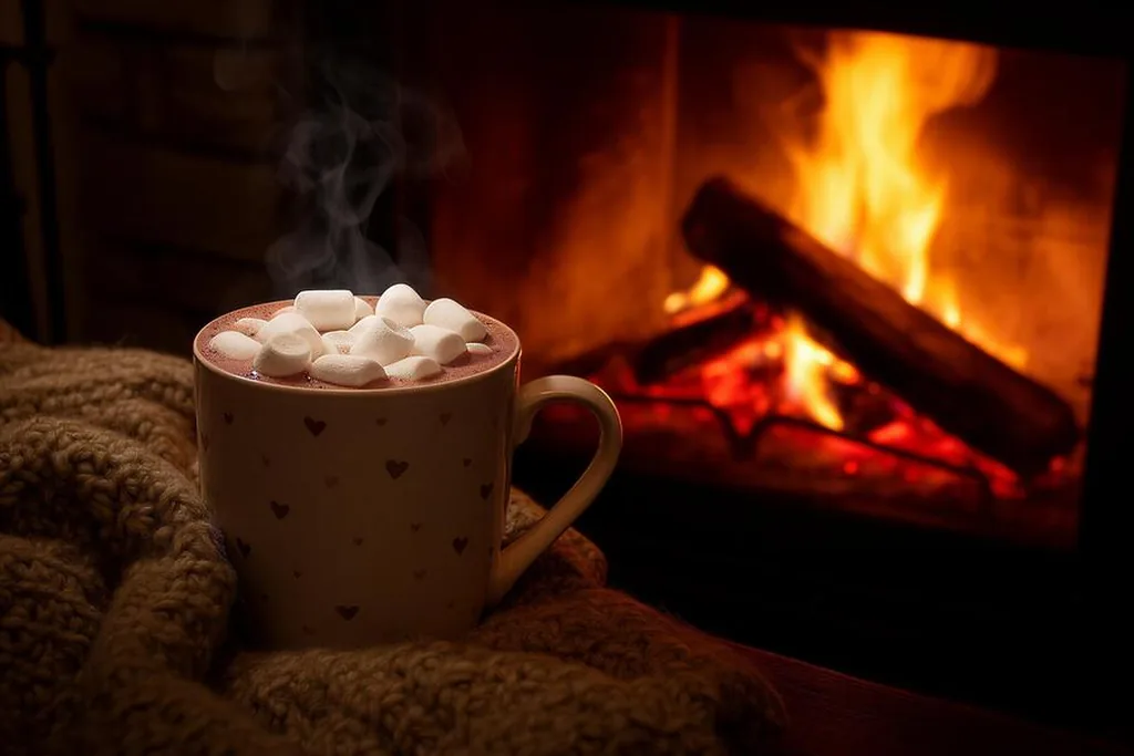 Mug of hot cocoa with marshmallows in front of a lit fireplace.