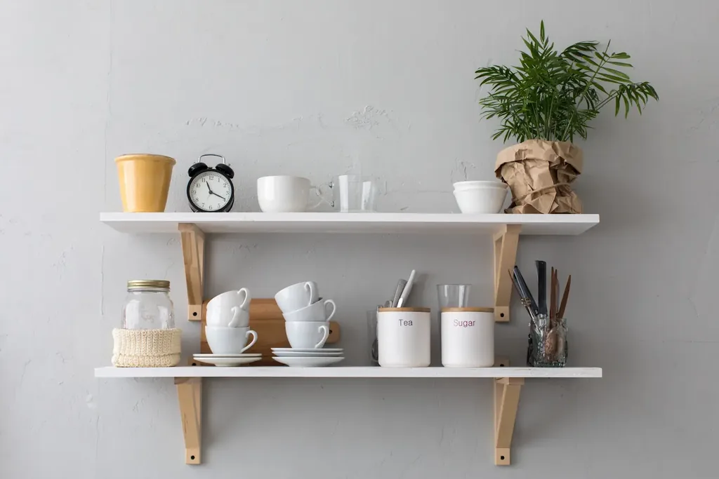 Two white floating shelves with cups, jars, and a small plant on a kitchen wall.