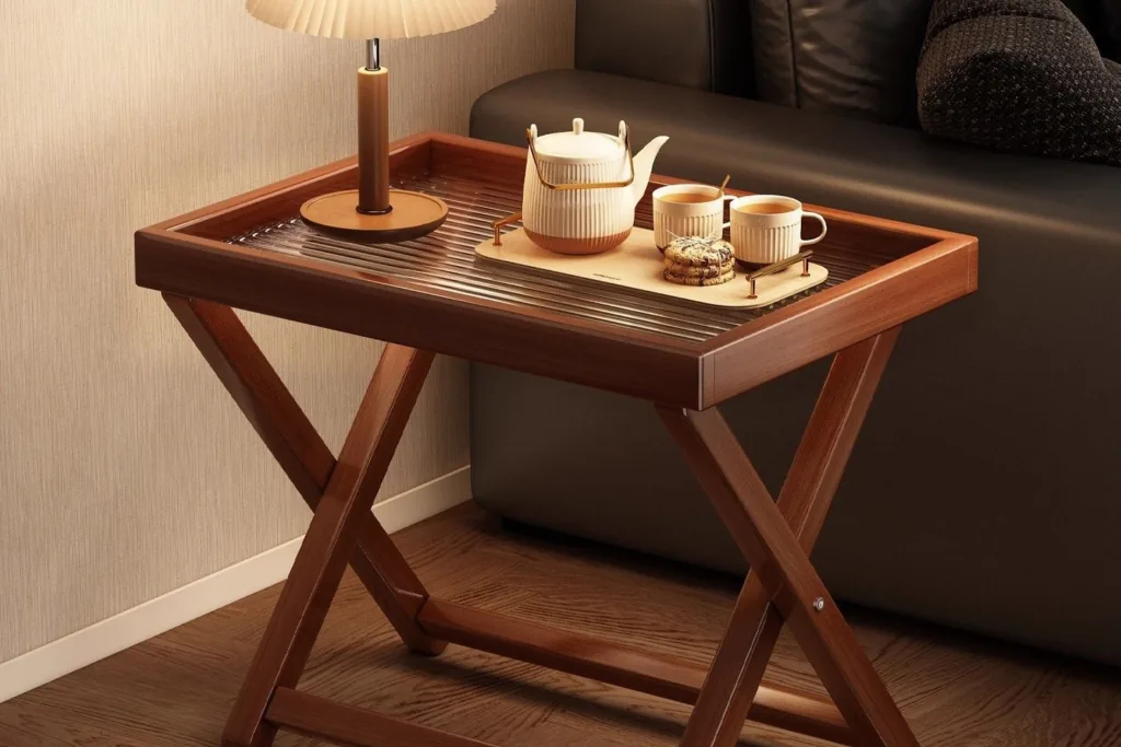 Wooden folding tray table beside a sofa with a teapot, two cups, and cookies.