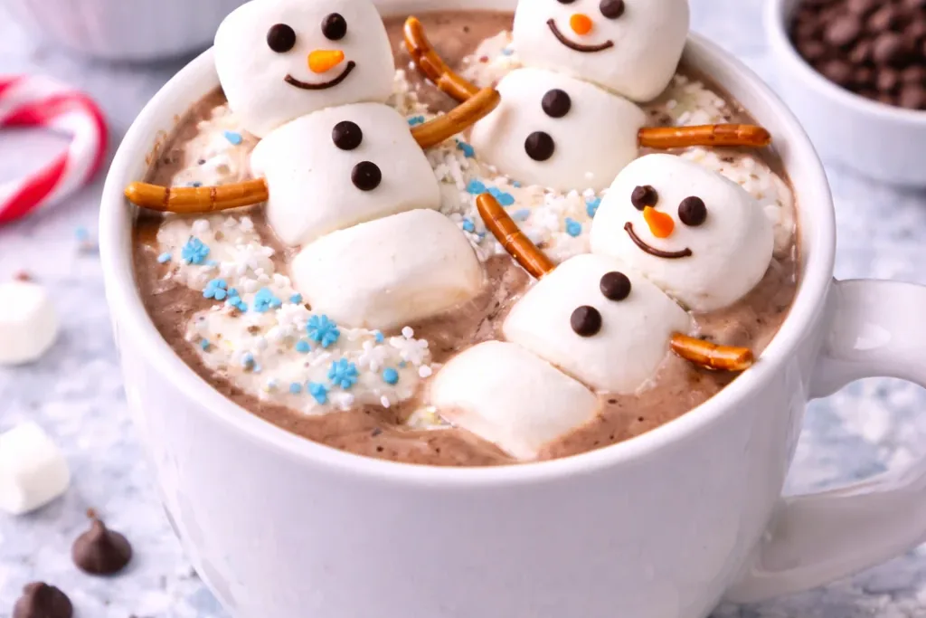 Mug of hot cocoa topped with snowman shaped marshmallows.