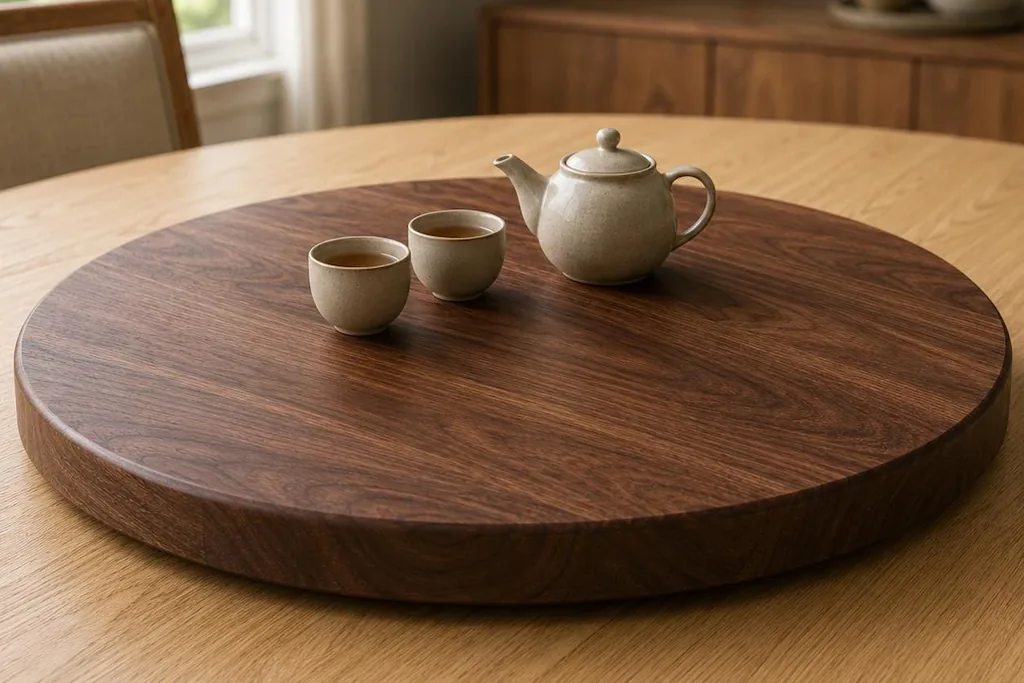 Round wooden lazy Susan turntable on a table with a teapot and two cups.