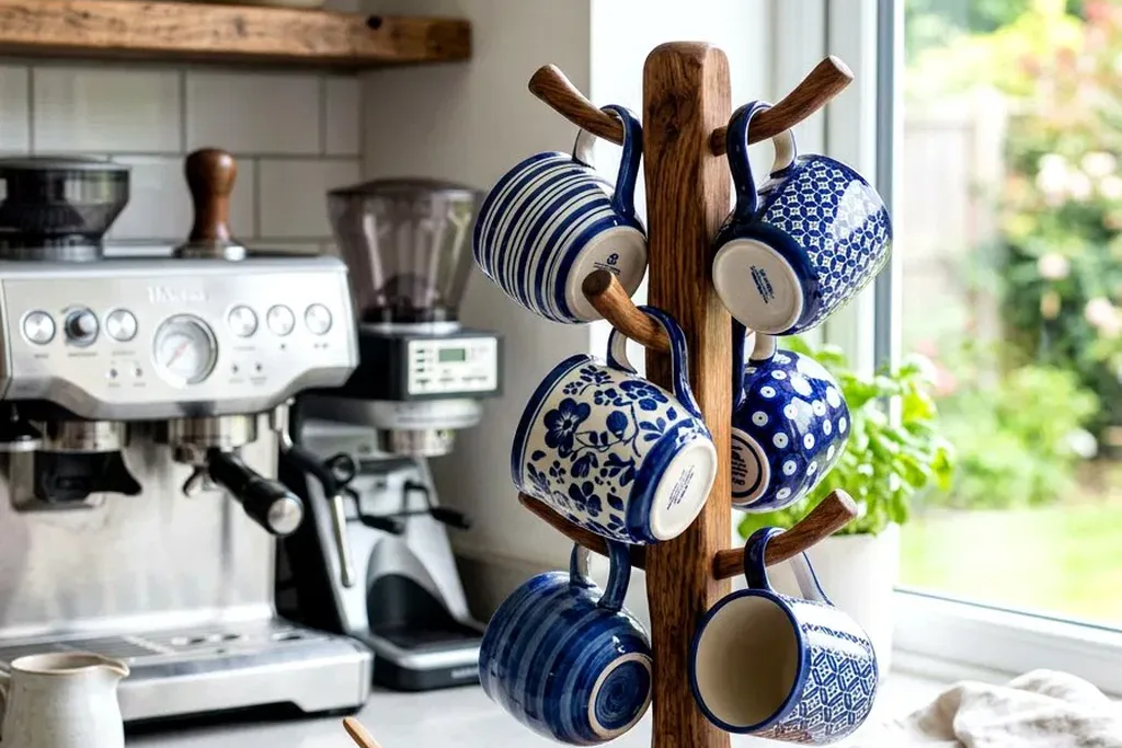 Wooden mug tree holding blue and white mugs beside a coffee machine.