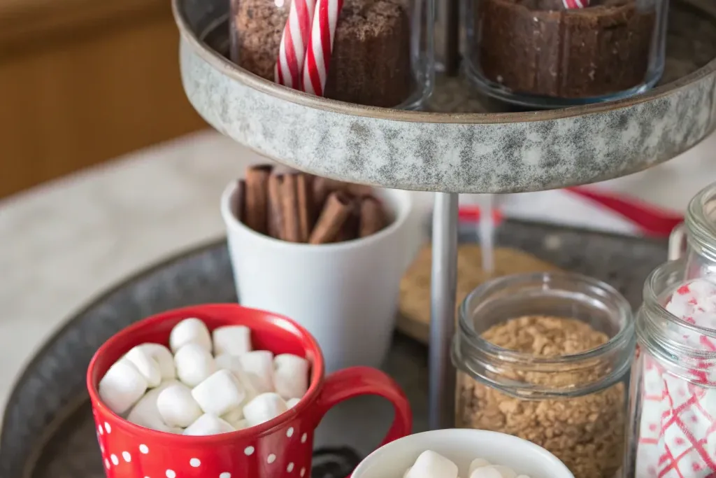 Two tier stand with jars of cocoa, a cup of marshmallows, and cinnamon sticks.