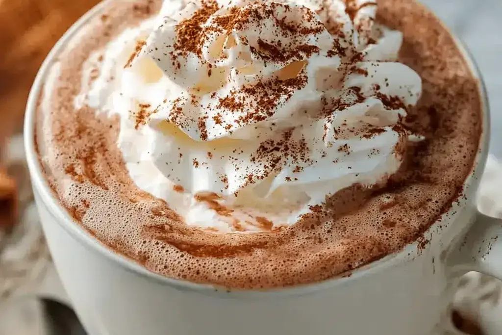 Mug of hot cocoa topped with whipped cream and a dusting of cocoa.