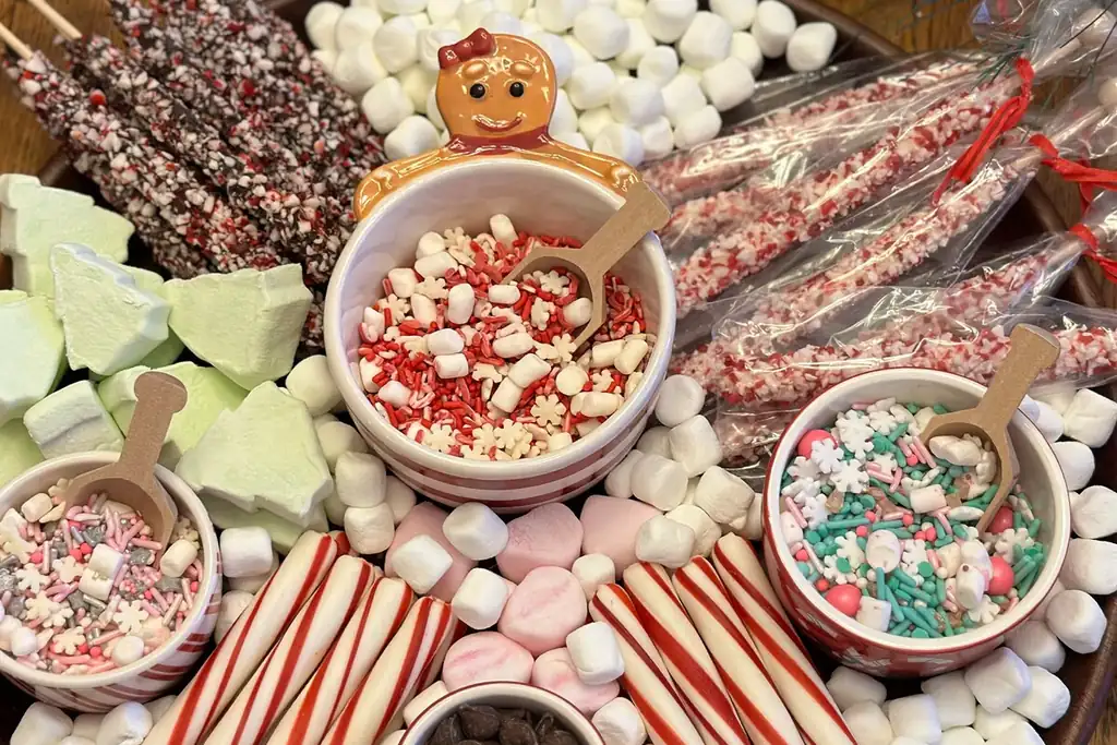 Bowls of sprinkles, crushed candy, marshmallows, and candy canes laid out as cocoa toppings.