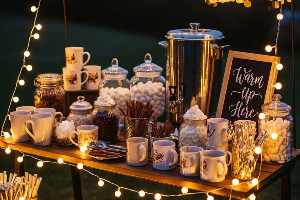 Hot cocoa bar table at night with string lights, jars, mugs, and a small sign.