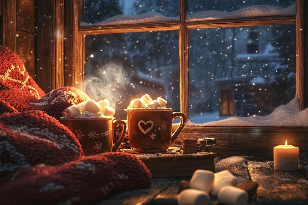 Two mugs of hot cocoa on a table beside a snowy window with a lit candle.