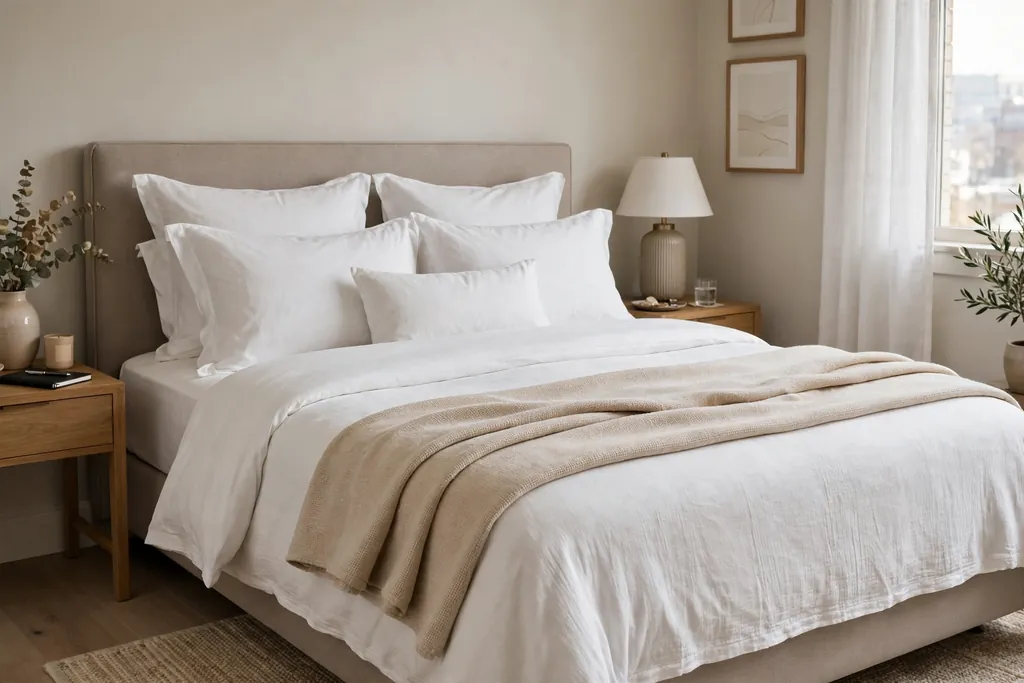 Bed with crisp white layered bedding