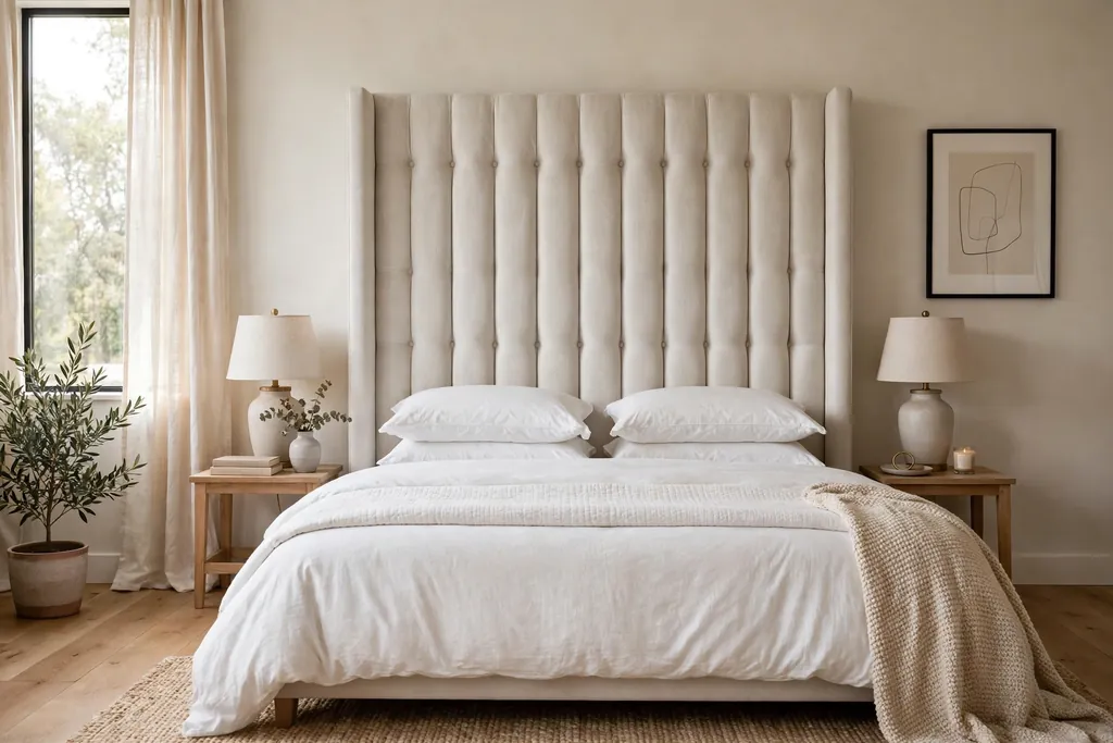 Bedroom with a tall pale upholstered headboard behind a bed with white bedding.
