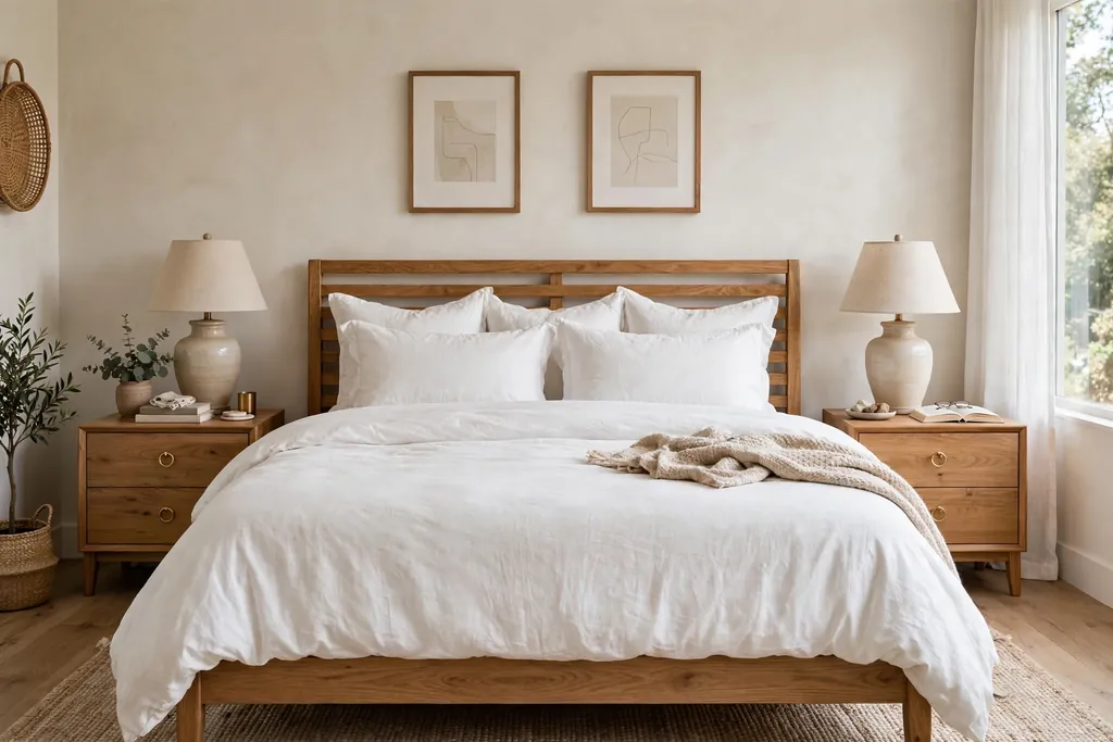 Bedroom with matching wood nightstands and matching bedside lamps on both sides of a bed.