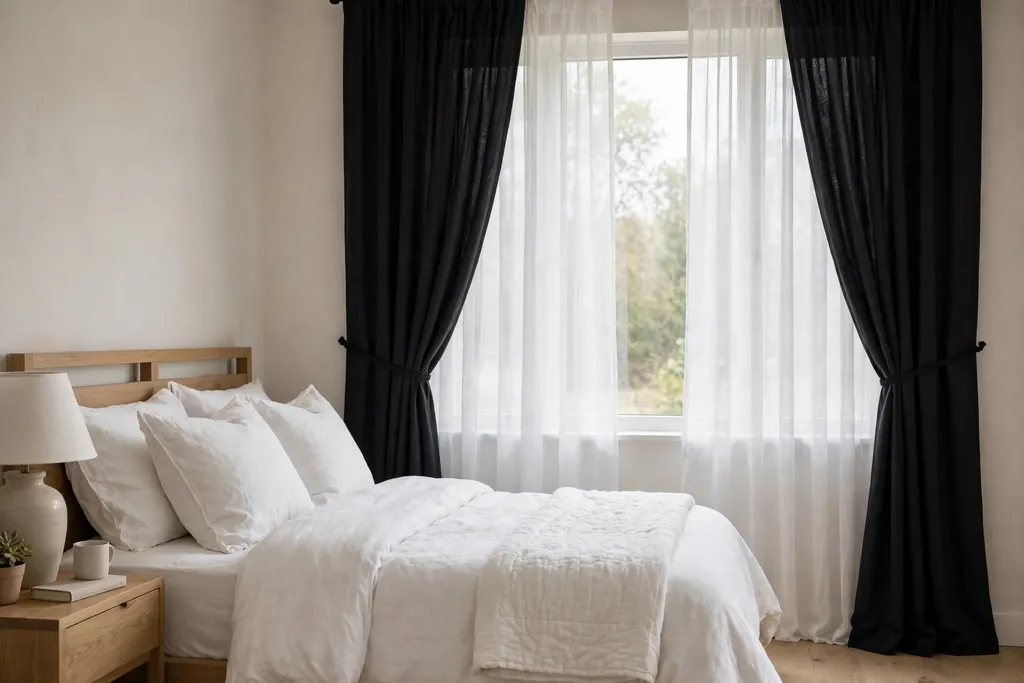 Bedroom window with sheer white panels layered under blackout curtains beside a bed.