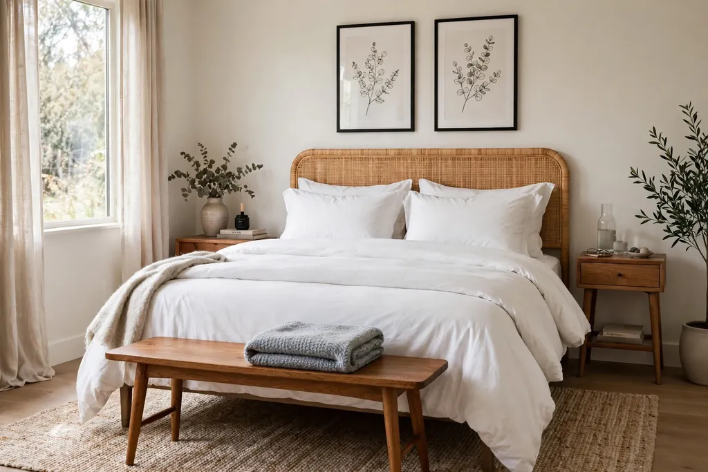 Bedroom with a bench at the foot of a bed with white bedding and a folded throw.