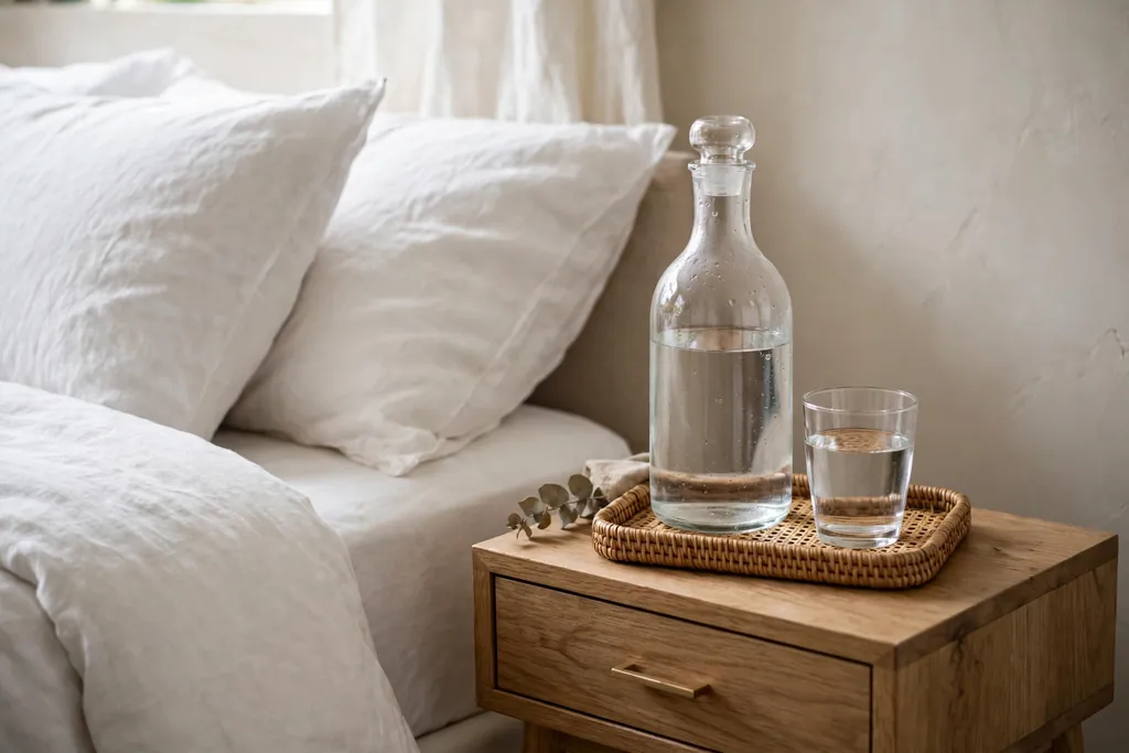 Nightstand with a glass carafe of water and a glass on a small tray beside a bed.