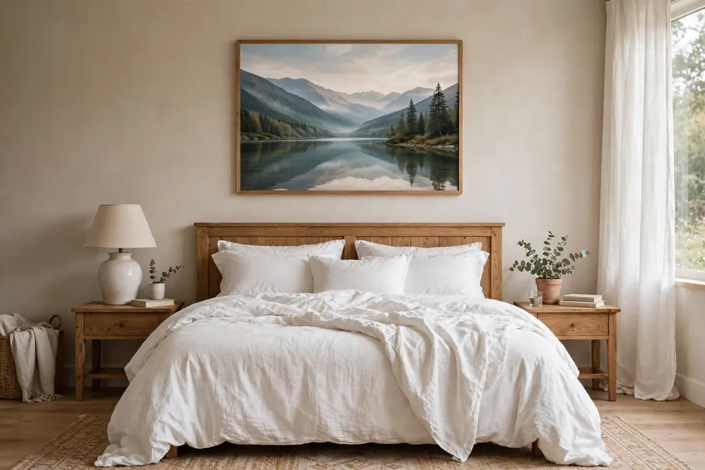 Bedroom with one large calm landscape print in a simple frame above a bed.