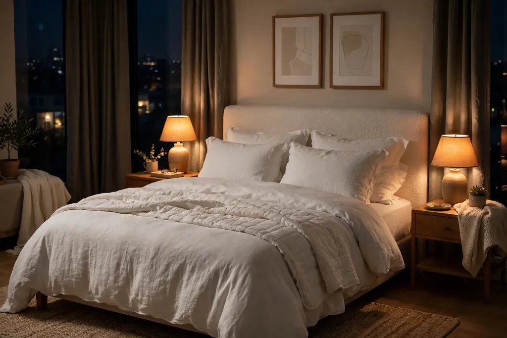 Bedroom at night with warm dimmable bedside lamps glowing beside a bed.