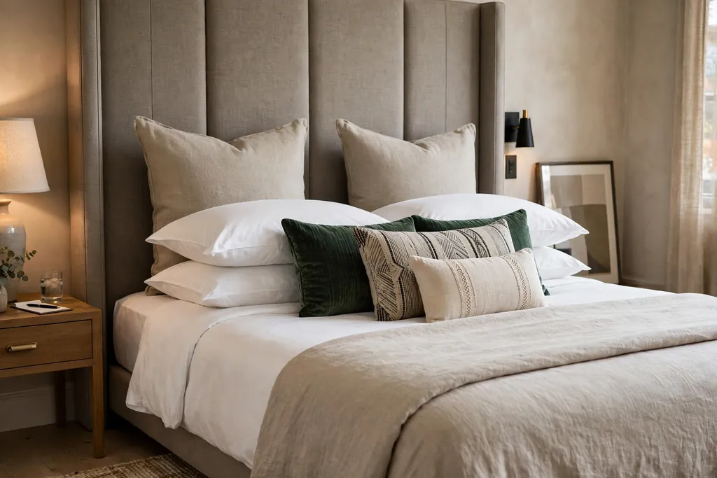 Bed with a hotel pillow stack of sleeping pillows