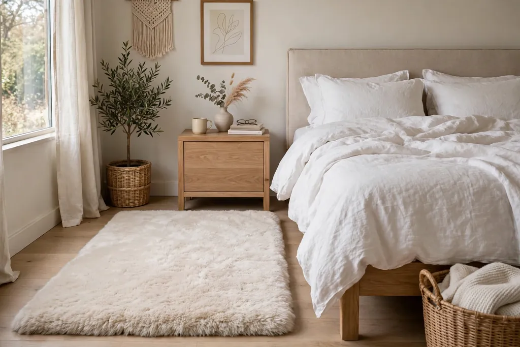 Bedroom with a plush pale rug beside a bed with white bedding.