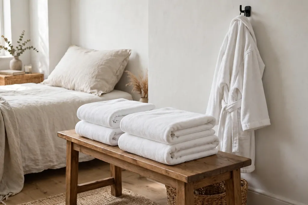 Bedroom bench with neatly folded white towels and a robe hanging on a hook nearby.
