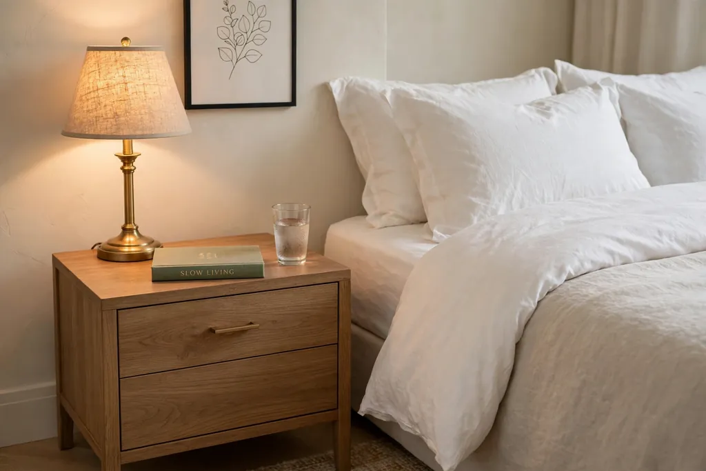 Tidy bedroom nightstand with a lamp