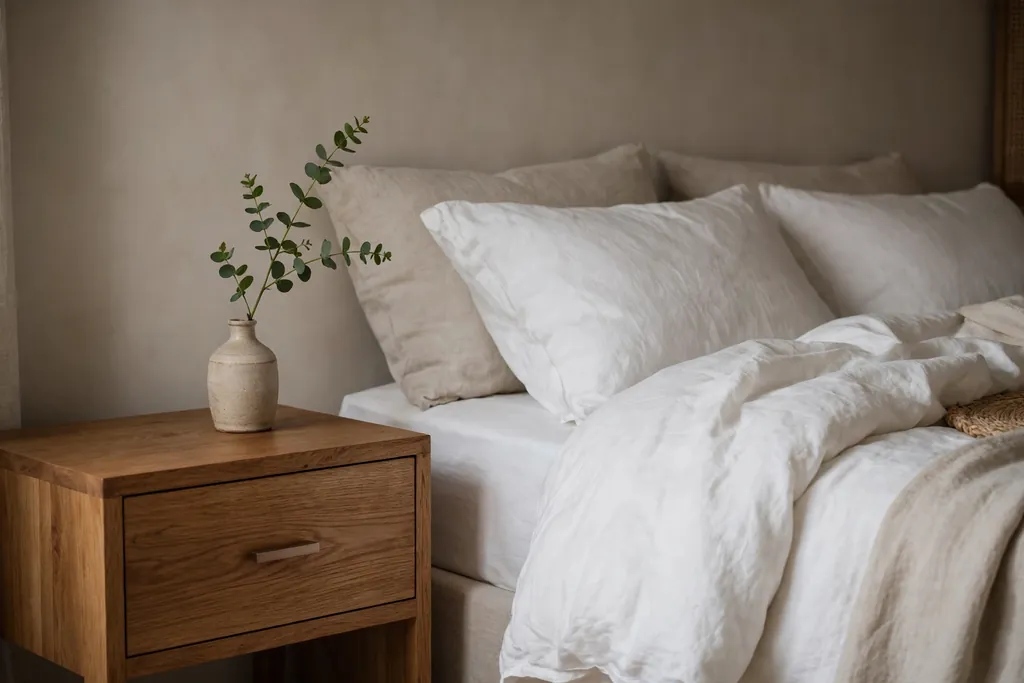 Bedroom nightstand with a small vase holding one fresh green stem beside a bed.