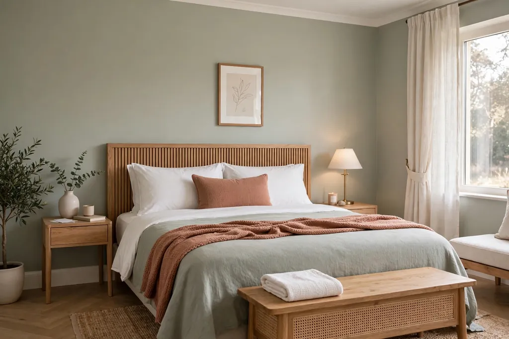 Calm hotel style bedroom in warm white and soft sage with one muted accent in cushions.