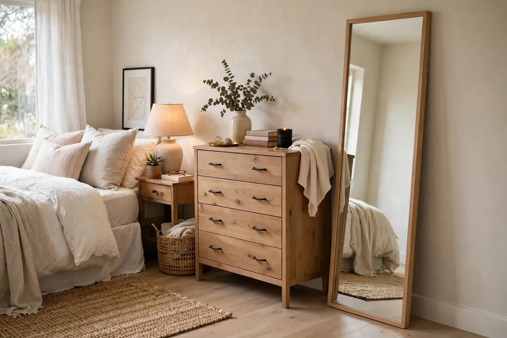 Bedroom with a full-length mirror with a simple frame standing near a dresser.