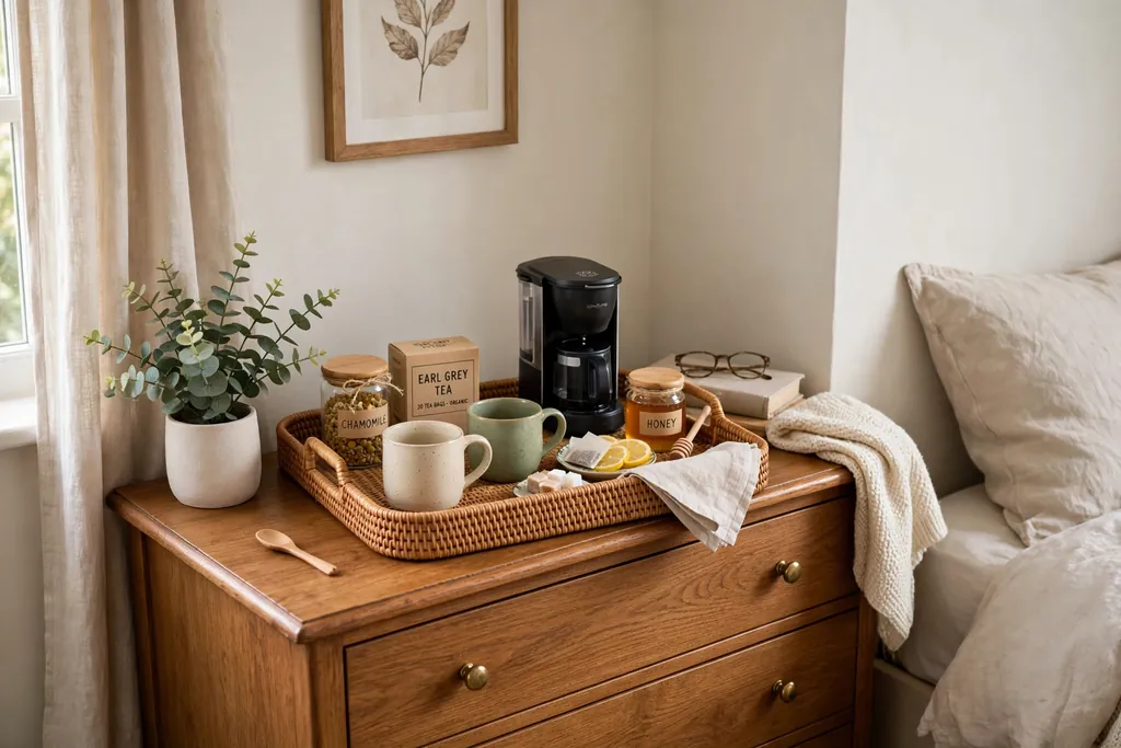 Bedroom dresser corner with a tray holding cups