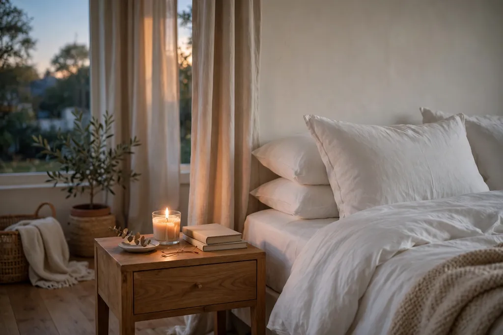 Bedroom with a lit candle on a nightstand beside a bed with white bedding.