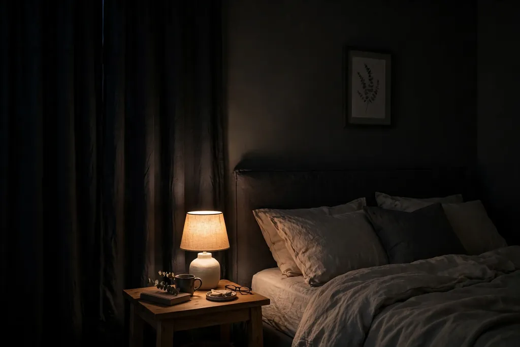 Dark quiet bedroom at night with blackout curtains closed and soft bedside light.